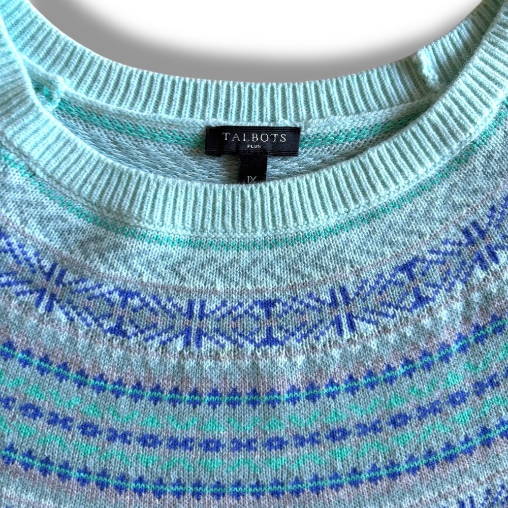 Talbots Plus Womens 1X Mint Green Fair Isle Yoke Lambs Wool Blend Sweater - Picture 4 of 6
